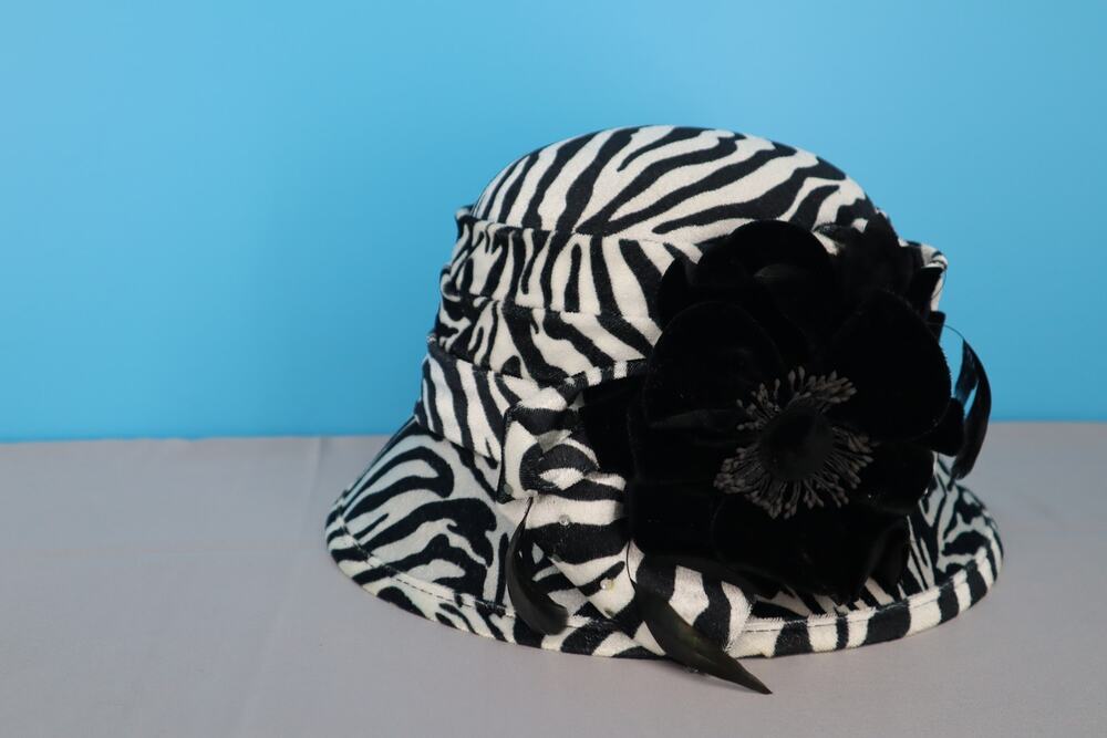 Fine Millinery Zebra Print Cloche Hat Black Flower Women's One Size